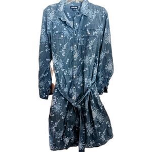 Lands End Denim Twill Floral Long Sleeve Dress Women's sz Med Pockets